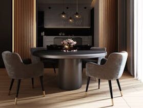 A sophisticated, contemporary dining room with elegant lighting and luxurious furnishings.